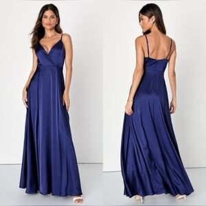 Lulu's Navy Satin V-Neck Spaghetti Strap Maxi Dress